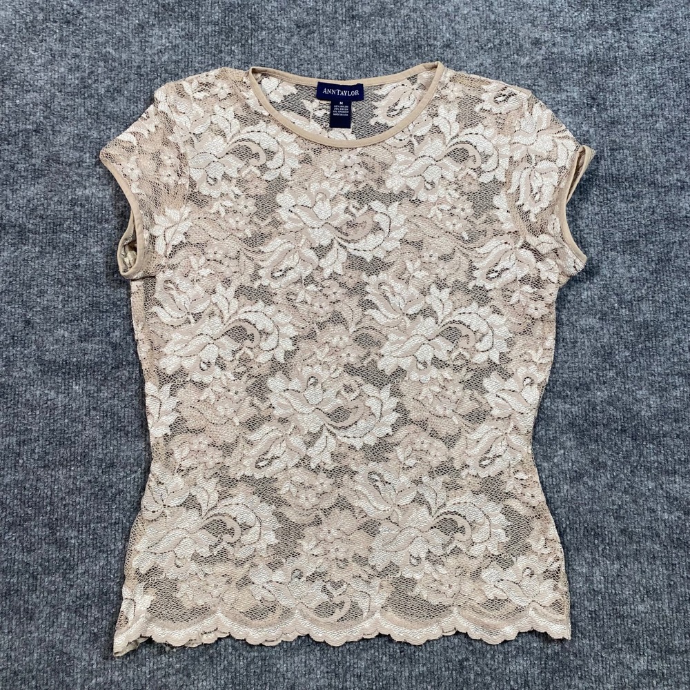 Ann Taylor Womens Beige Floral Lace Cap Sleeve Top Size M Scalloped Hem USA Made